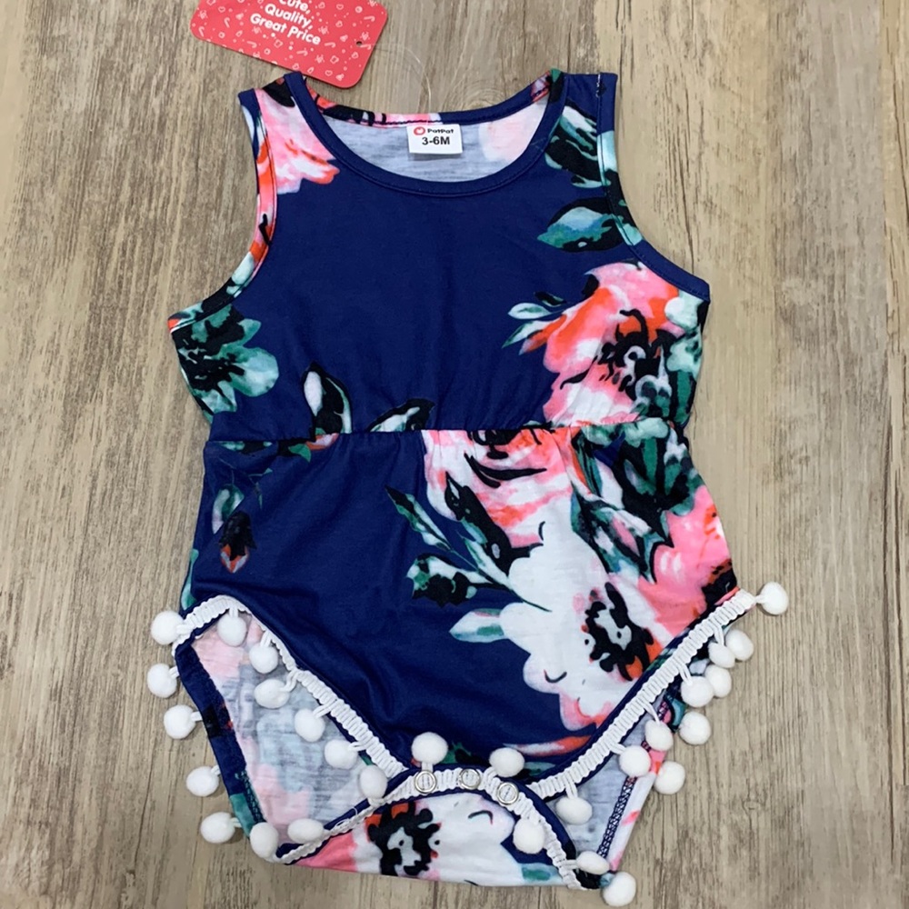 🆕 NWT PatPat Floral Baby Girl Tank Top Romper Pom Pom Onesie NWT